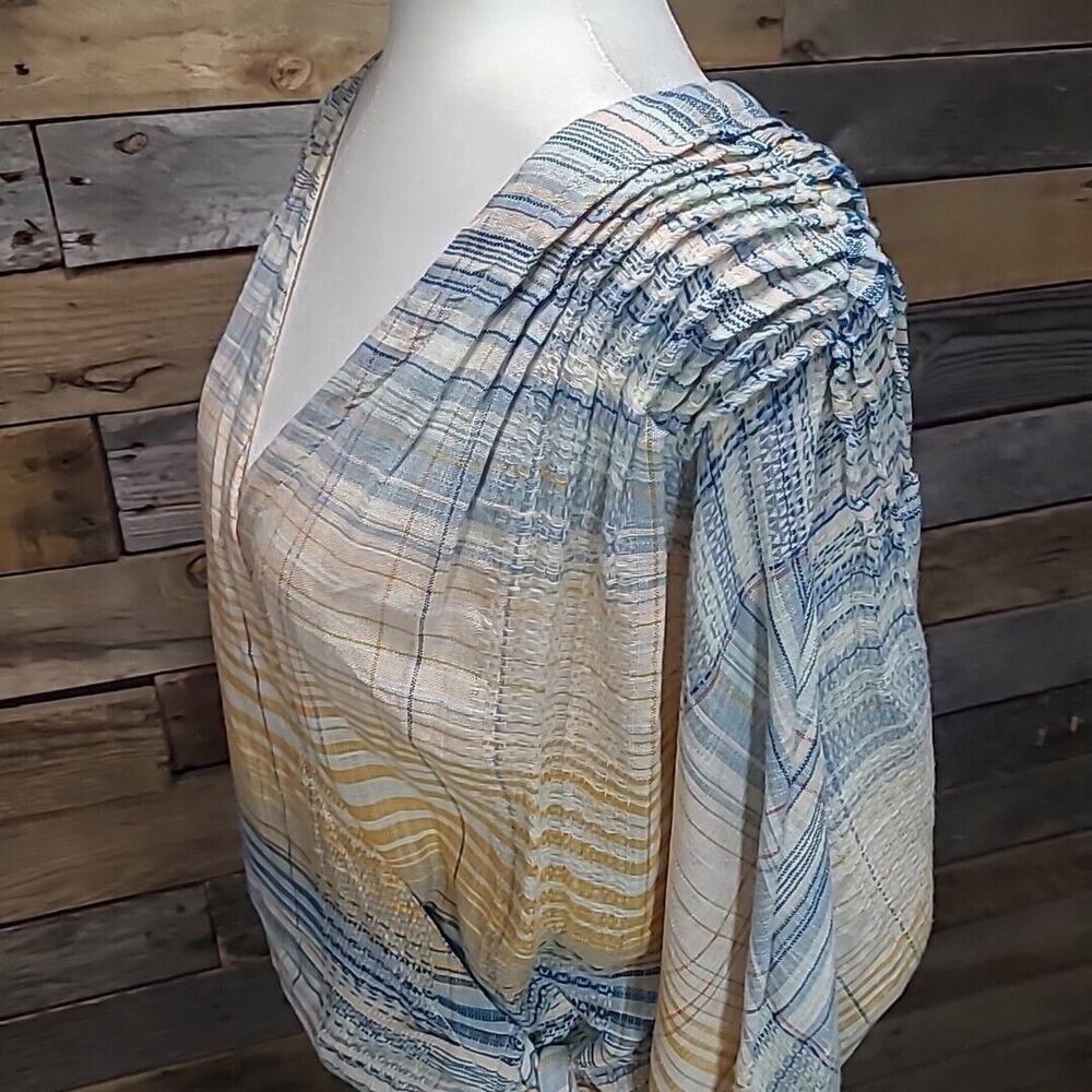 Free People Top Maldives Surplice Wrap Cotton Misty Blue Orange Combo Medium - Picture 5 of 11